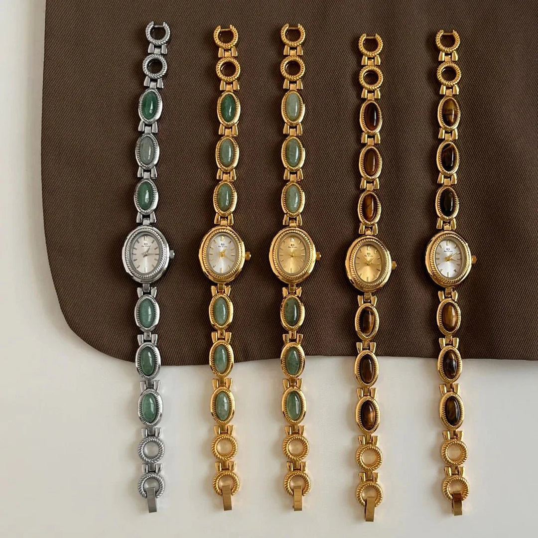 Aubrette Damenarmbanduhr - Luxuriöse Jade-Armband Quarz-Uhr, Elegantes Gold-Design