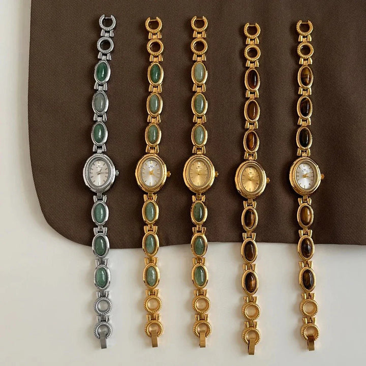 Aubrette Damenarmbanduhr - Luxuriöse Jade-Armband Quarz-Uhr, Elegantes Gold-Design