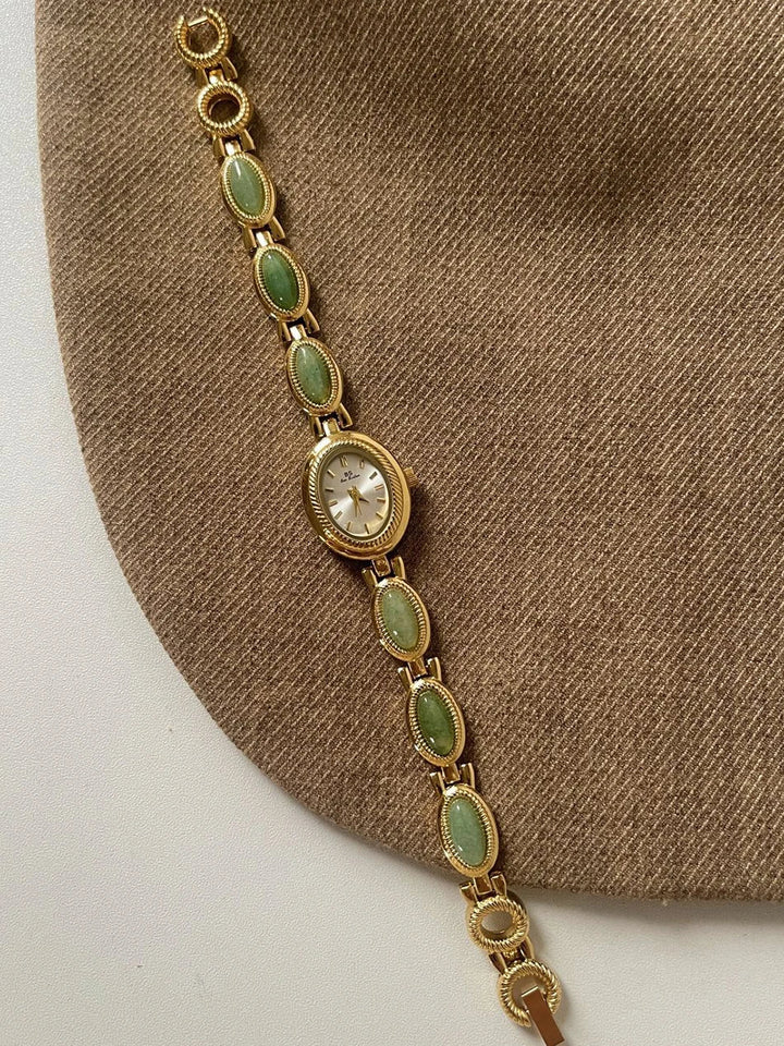 Aubrette Damenarmbanduhr - Luxuriöse Jade-Armband Quarz-Uhr, Elegantes Gold-Design